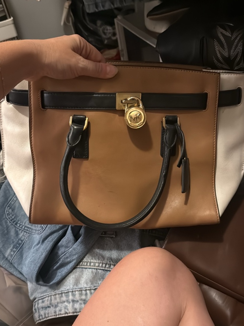 Michael Kors Tan, Black and White Leather with Gold Accent